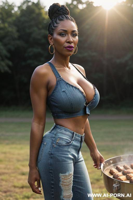 black milf in short denim cut jeans - #main