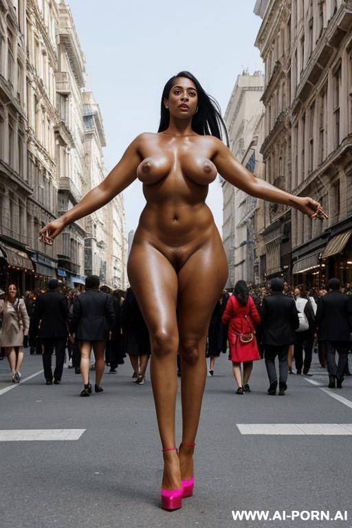 super-naturally (sky-reaching) tall naked giant woman, giantess, people are walking, her shoes are bigger then people around, crowded street - #main