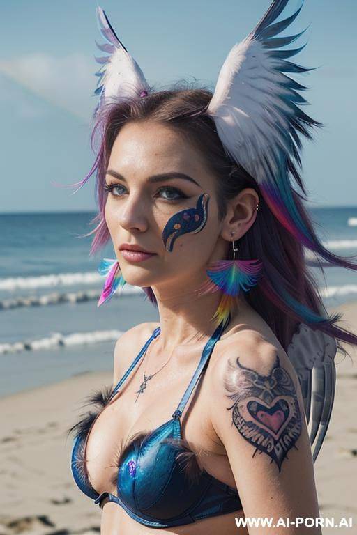 face, sexy, beautiful, ((face painting)), ((bikini as seashell)), ((eyes shw)), ((angel wings)), ((rainbow hair)), ((sexy expression)), ((long bu hair)), ((wind)), (( cat face)), (( cat ears)), - #main