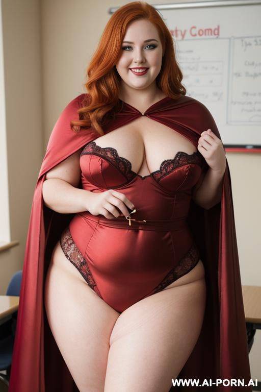close up half body photo shot, about at classroom, chubby very ((obese)) redhead fat bbw curvy teacher, wearing a sexy and hot heroine red and gold suit, a flowing cape and a sleek eye mask and stocking, teaching to the classroom. - #main