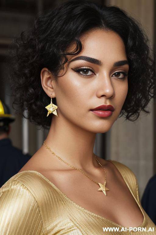 a female with light skin, she is twenty years old , looking tods the camera with a slightly tilted head. her dark, voluminous, curly hair are around her face and shoulders. she has - #main