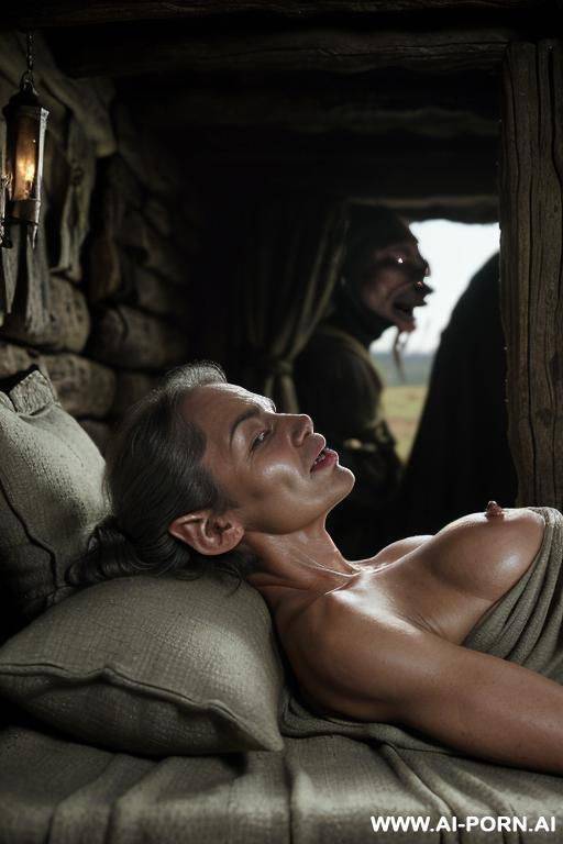 ((two characters in the image: horrible realistic goblin and medieval germany middle-age farmwife!)). ((scene takes place in the medieval era!)). (nighttime inside a poor medieval german peasunt home - #main