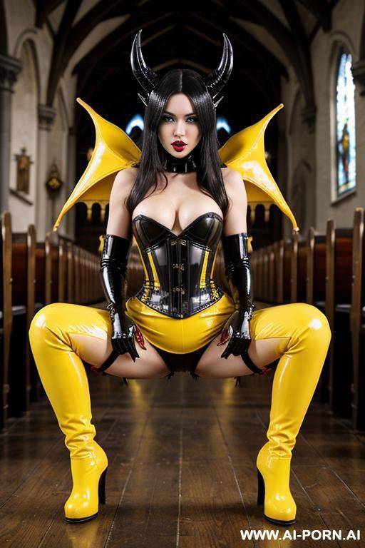 latex leggings, knee high boots, squatting, devil horns, latex corset, yellow liquid dripping from crotch - #main