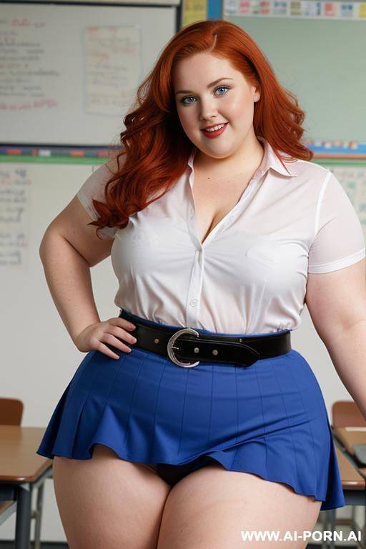 half body photo shot close up, about at classroom, chubby ((obese but so hot)) redhead fat bbw curvy teacher, wearing a sexy and hot micro colorfull ruffle skirt, and stocking lingeries, sports top. teaching to the classroom. ((dynamic angle)) - #main