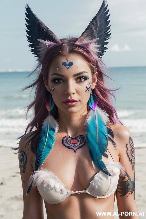 face, sexy, beautiful, ((face painting)), ((bikini as seashell)), ((eyes shw)), ((angel wings)), ((rainbow hair)), ((sexy expression)), ((long bu hair)), ((wind)), (( cat face)), (( cat ears)), - #main