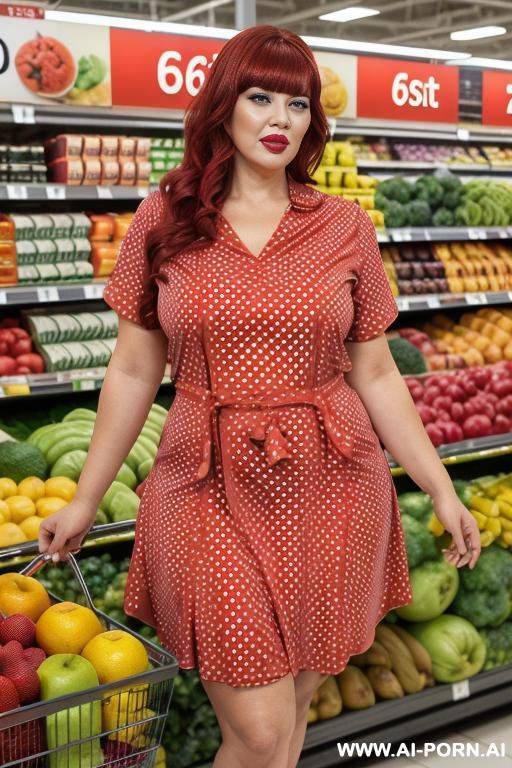 (((keep face))) gorgeous hot brunette women wearing (((red polka dot dress))) in kitchen, curvy, (tight short sleeve dress) - #main