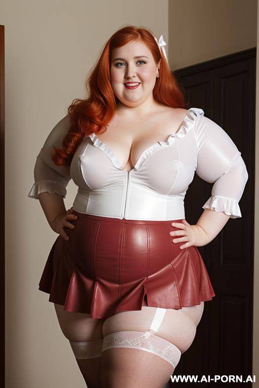 close up half body photo shot, chubby very ((((obese with wide hips)))) redhead fat bbw curvy cheerleader, wearing a sexy and hot micro ruffle leather ((red)) skirt, wearing high stockings. (dynamic angle), perfect apple face - #main