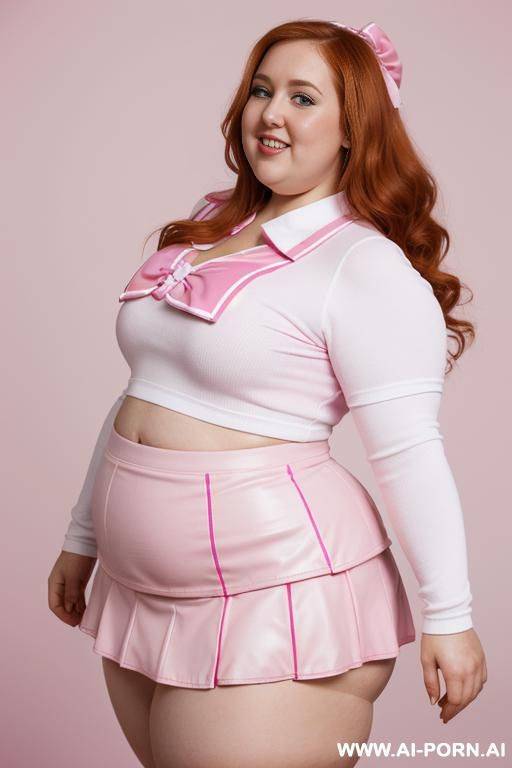 close up half body photo shot, chubby very ((((obese with wide hips)))) redhead fat bbw curvy cheerleader, wearing a sexy and hot micro ruffle leather skirt, wearing high stockings. (dynamic angle), perfect apple face - #main