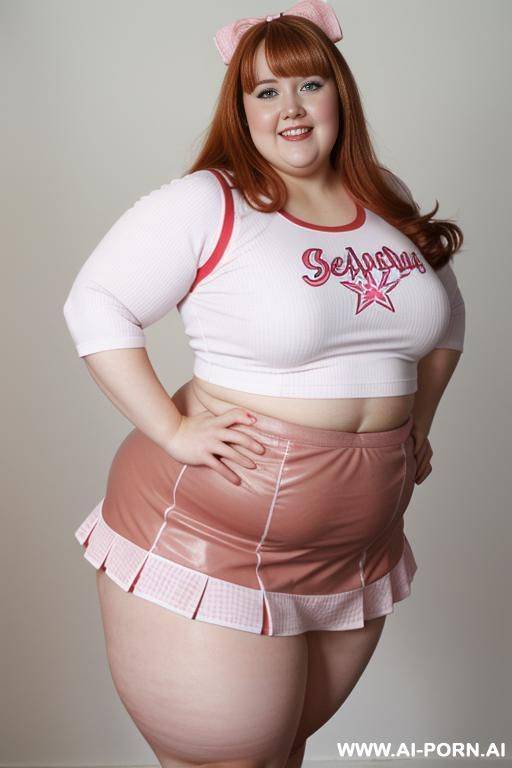 close up half body photo shot, chubby very ((((obese with wide hips)))) redhead fat bbw curvy cheerleader, wearing a sexy and hot micro ruffle leather ((red)) skirt, wearing high stockings. (dynamic angle), perfect apple face - #main