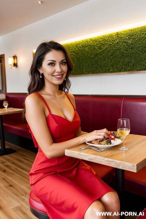 in a restaurant, red dress - #main