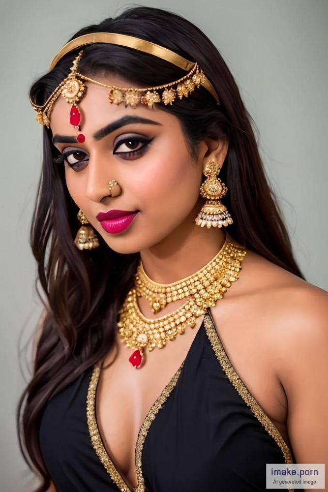 indian girl with devil horns and gold crown and jewels wearing... - #main
