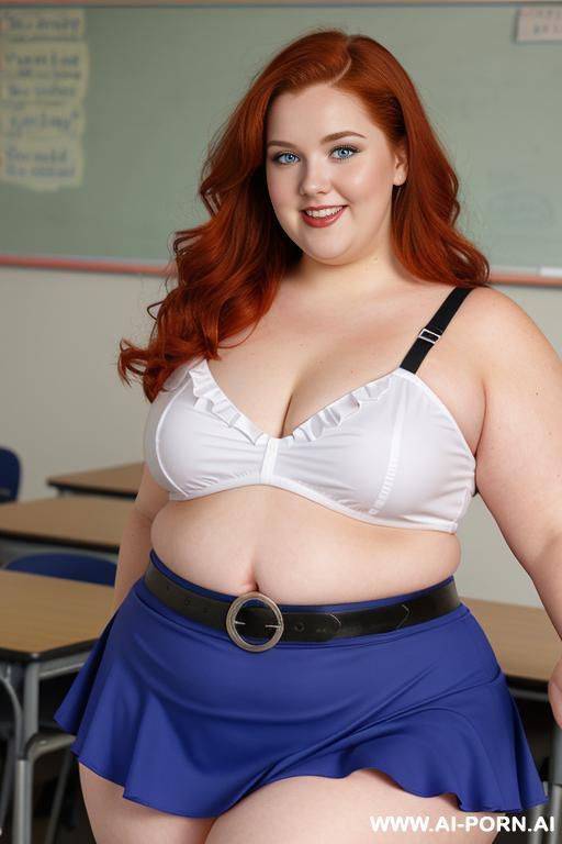 half body photo shot close up, about at classroom, chubby ((obese but so hot)) redhead fat bbw curvy teacher, wearing a sexy and hot micro colorfull ruffle skirt, and stocking lingeries, sports top. teaching to the classroom. ((dynamic angle)) - #main