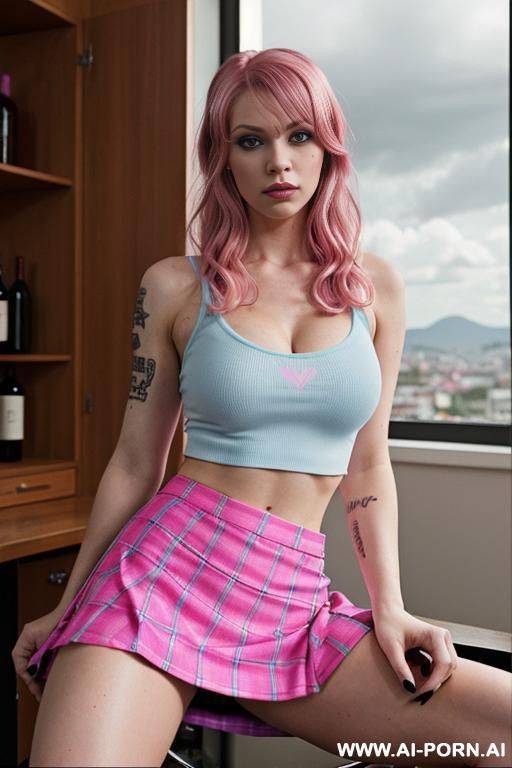 ((massive breasts)), wide hips, v-tappered abs, light muscle definition, thick voluminous hair, long wavy hair, ((pink hair)), (((sky blue eyes))), seductive eyes, eye contact, ((plaid microskirt)), cleavage, sitting on bed - #main