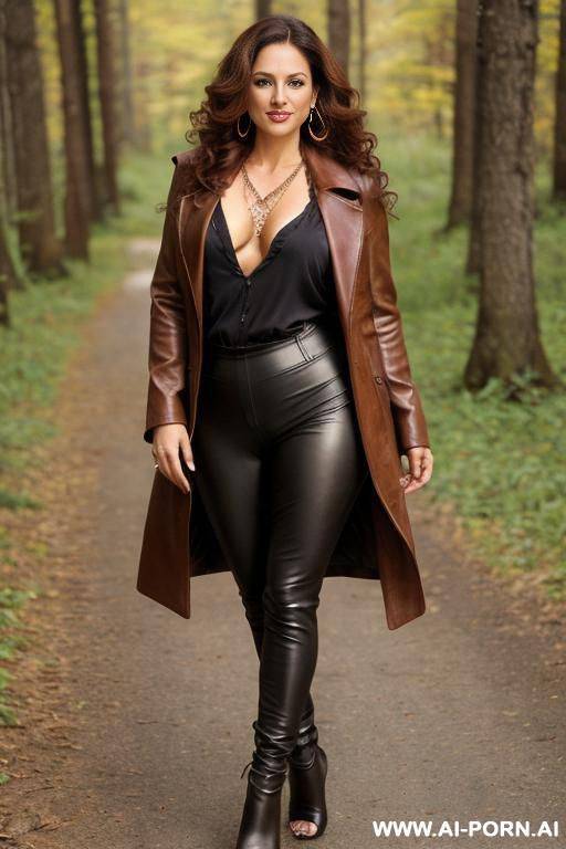 (((very beautiful, very sexy))), long, thick, wavy hair, (fancy earrings, heavy ornate necklace, armlets), (wearing long leather coat), (knee high strapped sandals), leather leggins, high heels, standing in snowy forest, image frame from head to knee - #main