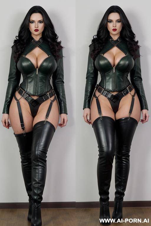 dominatrix, open leather jacket, high leather boots, leather harness, holding leather whip - #main