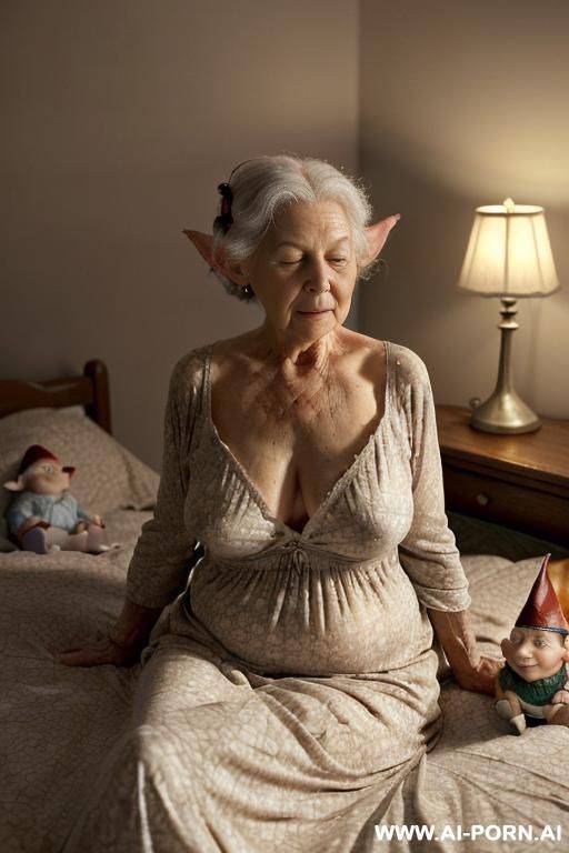 scene features: modest-amateur-suburban-elderly-granny!, and (((two realistic elderly gnomes!!))). ((bedroom is wrapped in a richly intimate, subdued nighttime atmosphere)), (((illuminated only by a low - #main