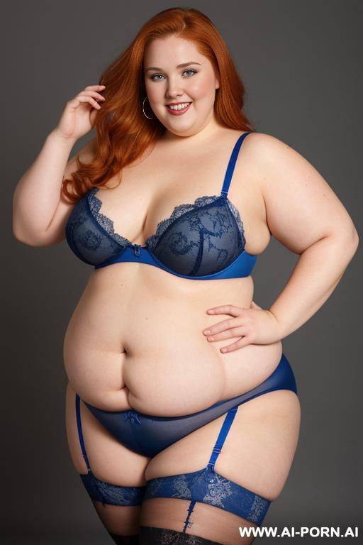 full body photo studio shot, about a fat bbw curvy woman with love handless and tummy, wearing a sexy and hot blue lace stocking lingeries. - #main
