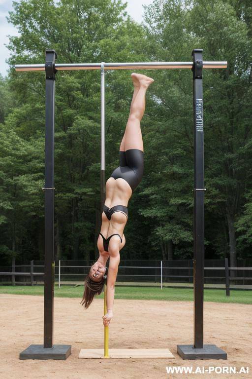 realistic picture, best quality, highly detailed, summer, outdoor, sports field, gymnastic horizontal bar, round iron bar, attached to vertical wooden posts on the left and right, woman sitting on - #main