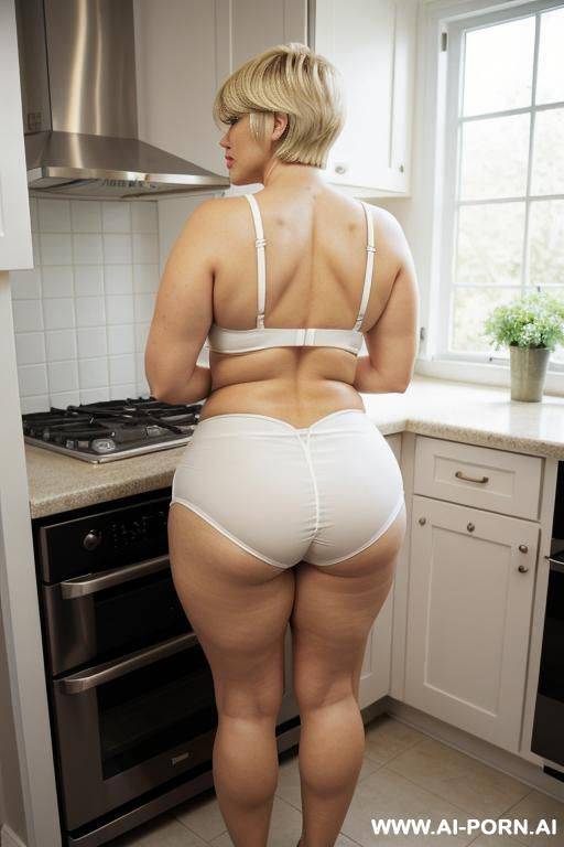 back view, mature woman, full body, standing, triangular hips, thick thighs, elderly, blonde hair, wearing white micro basket in kitchen - #main