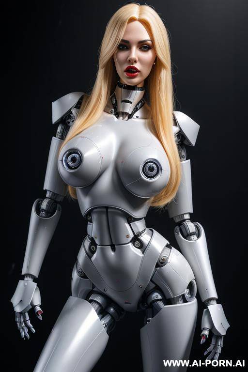 damaged robot, front view, full body view, leaning back against wall, looking at viewer, angry face, open mouth, shouting, beautiful, long straight blonde hair, big lips, wide jaw, heavy makeup, - #main