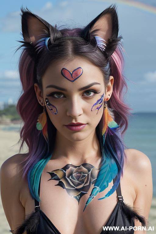 face, sexy, beautiful, ((face painting)), ((bikini as seashell)), ((tattoo roses)), ((eyes shw)), ((angel wings)), ((rainbow hair)), ((sexy expression)), ((long bu hair)), ((wind)), (( cat face)), (( cat - #main