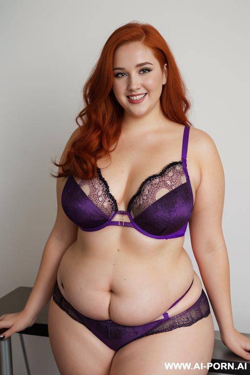 half body photo shot, about at classroom, fat (obese) bbw curvy teacher, wearing a sexy and hot purple lace fishnet full suite lingeries, she is on four points pose - #main