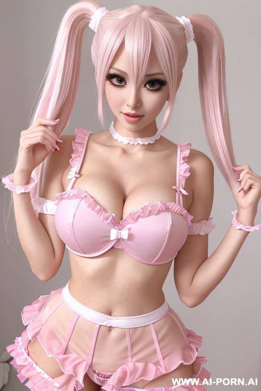 dumb cosplayer, bimbo, unatural blonde big twintails twintails, very long hair, medding makeup, big eyelashes, pink lingerie, frilly pink tutu skirt, white heels, white stockings - #main