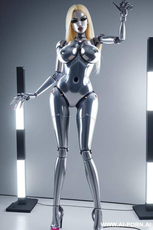 damaged robot, front view, full body view, leaning back against wall, looking at viewer, angry face, open mouth, shouting, beautiful, long straight blonde hair, big lips, wide jaw, heavy makeup, - #main