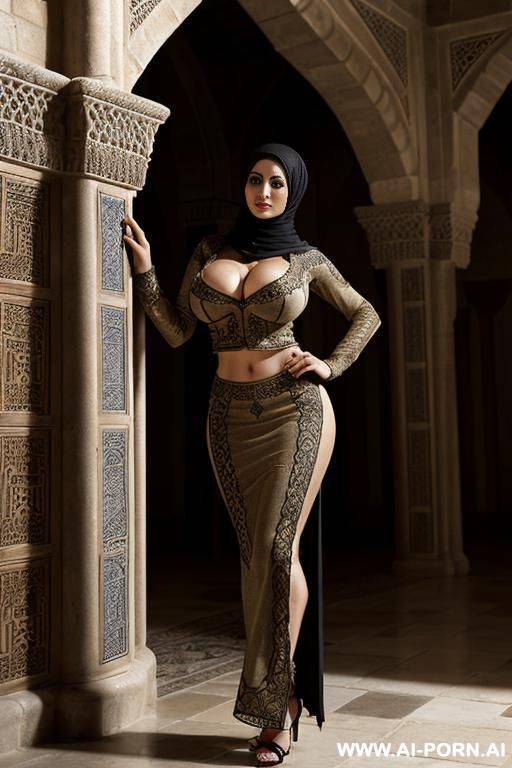 naked, (massive hips), (crop top sweater), ((no bra)), ((no bottom)), ((no panties)), ((show boobs)), ((show hairy pussy)), eye contact, looking at camera, ((hijab)), ((massive heavy saggy boobs)) (side view) (arabic palace) - #main
