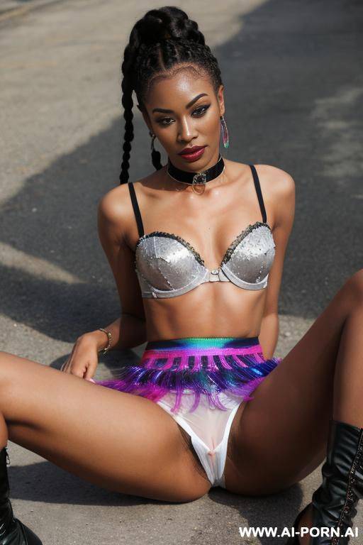chinese, rainbow feather studed bright sequin transparent corset，feather tutu skirt， mesh robe， rainbow sequin bra ,necklace，rainbow large pointed thigh-high boots - #main