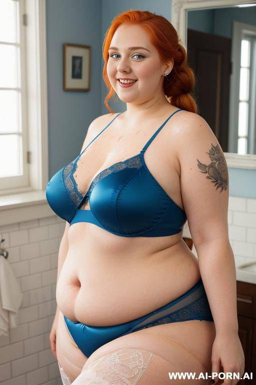 half-length photo, as a setting in the laundry area, a fat ((very obese)) chubby fat thick and bbw redhead british, she is washing clothes and she is all soaked in foamy water. (she has - #main