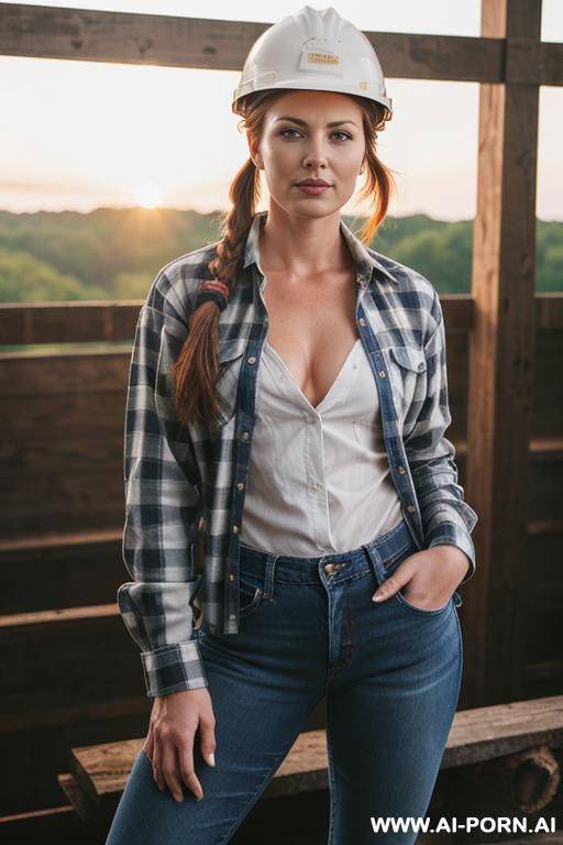 woods, lumber, lumber mill, jeans, work, work boots, button up shirt, plaid shirt, hard hat, axe, open shirt to show boobs, open shirt, hands opening shirt - #main