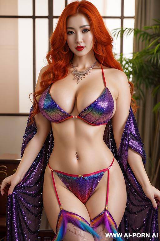 chinese, rainbow feather studed bright sequin transparent corset，feather tutu skirt， mesh robe， rainbow sequin bra ,rainbow sequing-thong，necklace，rainbow large pointed thigh-high boots，bdsm，royal lingerie, - #main