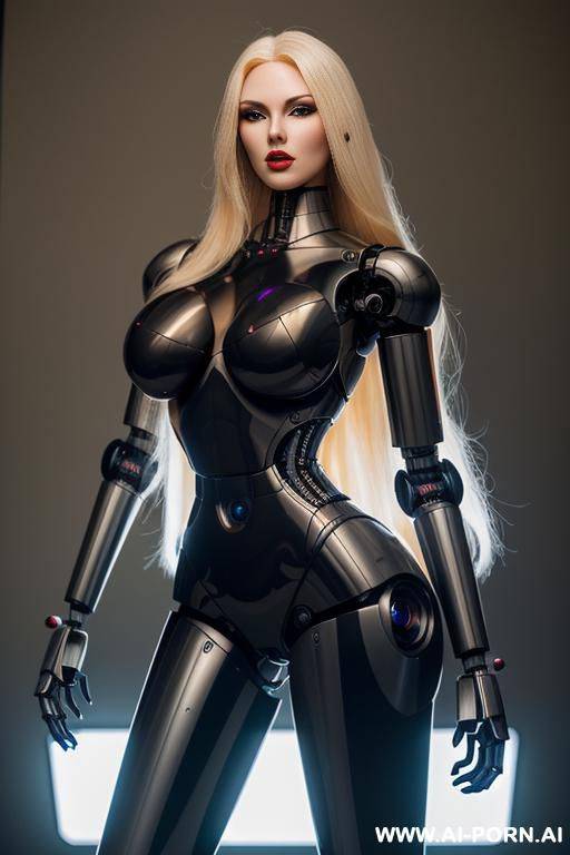 robot, front view, full body view, leaning back against wall, looking at viewer, angry face, open mouth, shouting, beautiful, long straight blonde hair, big lips, wide jaw, heavy makeup, silicone - #main