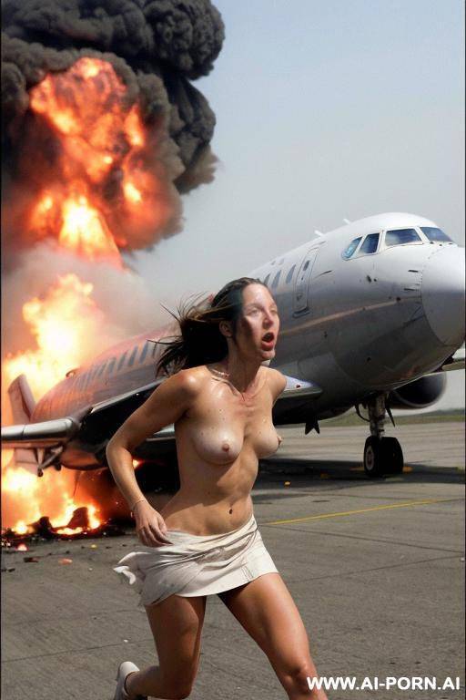 high quality photo, plane explosion, woman 3, completely naked, in sperm, quickly runs from the plane in a short skirt, bucks fly out of the bag, scary, the plane explodes - #main