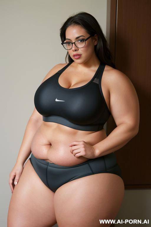 bbw, (thick rimmed glasses) (sports bra), massive thighs, gigantic thighs, obese thighs, muscled bulked up thighs, huge thighs, thick thighs, fat thighs, strong thighs - #main