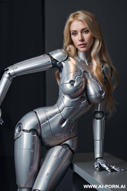busty robot cop, front view, full body view, looking at viewer, seductive smile, beautiful, long straight blonde hair, (fully robotic body, shapely robotic arms, shapely robotic legs:1.3), ultra-high - #main