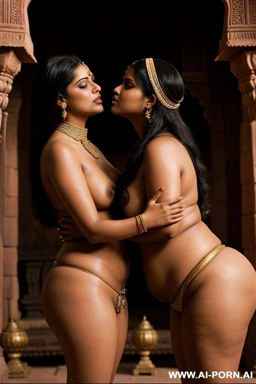 two medieval indian chubby full naked female temple servants kissing in front of an indian prince - #main