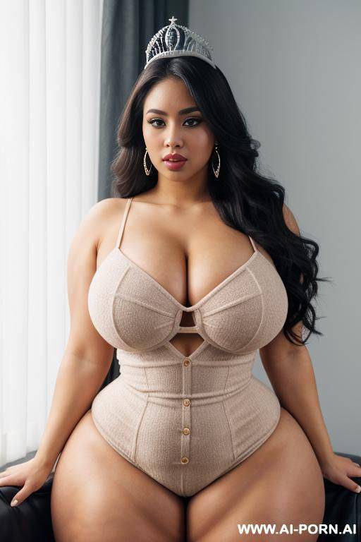woolly dress, tiara, stretching, extremely pretty, full lips, button nose, eye contact, ahegao, flowing hair, hoop earrings, tight waist, massive thighs, gigantic thighs, obese thighs, muscled bulked - #main