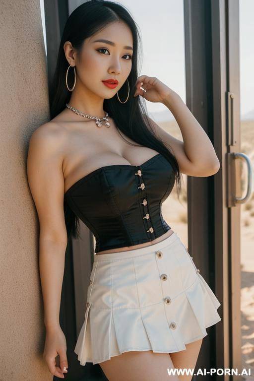 desert, white skirt, extremely pretty, full lips, button nose, eye contact, stretching, ahegao, flowing hair, hoop earrings, round boobs, tight waist - #main