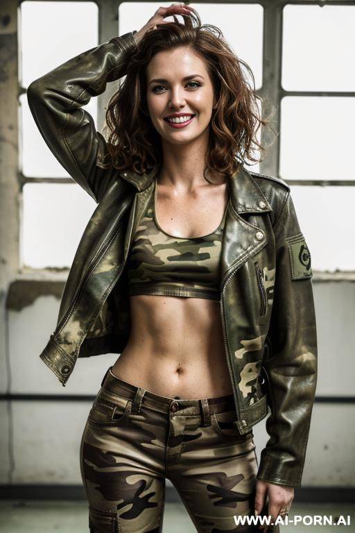 (abandoned laboratory), (c-cup), (army leather jacket), (white dirty tank top), (worn camo pants) - #main