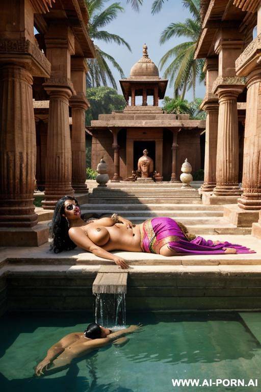 one ancient indian chubby full naked female temple servant with shaved vagina and her mistress in a traditional sari are reclining on a water bassin under palms - #main