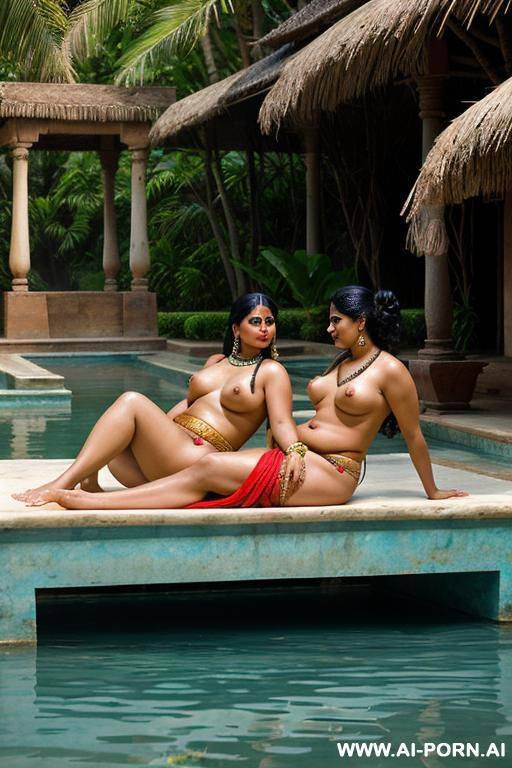 one ancient indian chubby total naked female servant with shaved vagina and her mistress in a traditional sari are reclining on a water bassin under palms - #main