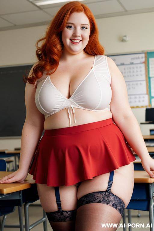 half body photo shot close up, about at classroom, chubby ((very obese)) redhead fat bbw curvy teacher, wearing a sexy and hot micro red ruffle skirt, and stocking lingeries, simple top. teaching to the classroom. ((dynamic angle)), long hair - #main