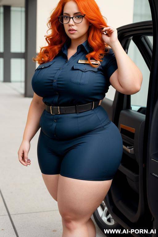 security guard with huge thighs, thick thighs, orange hair, blue eyes, wavy hair, hyper thighs, extremely beautiful, muscled bulked up thighs, fat thighs, obese thighs, glasses - #main