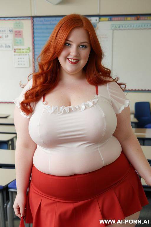 close up full body photo shot, about at classroom, chubby very obese redhead fat bbw curvy teacher, wearing a sexy and hot micro red ruffle skirt, and elegant top, teaching to the classroom. - #main