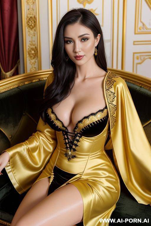 realistic beautiful natural kazan tatar woman, happy, beautiful natural boobs, beautiful natural body, yellow-gold and black royal robes and royal lingerie, in a harem, on a couch - #main