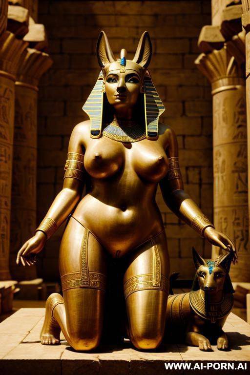 ancient egyptian helpless chubby female temple servant with shaved vagina and spreaded legs is tied to a big anubis statue. - #main