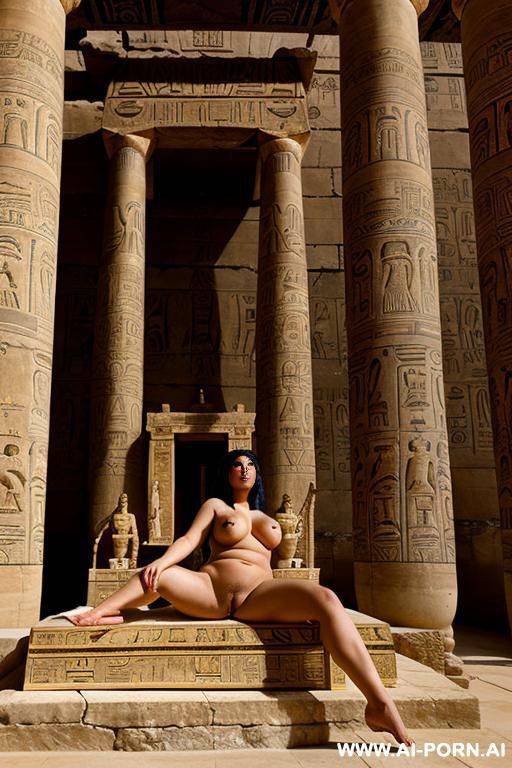 ancient egyptian chubby naked female temple servant with shaved vagina is lying on a shrine in a egyptian palace. she spreads her legs devotely - #main