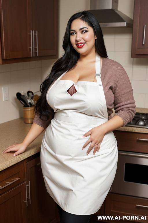 latina, mexicana, wide hips, perfect face, heavy makeup, eyeliner, inside kitchen, extra thicc, very plump, hypnotized, wearing apron, long hair - #main